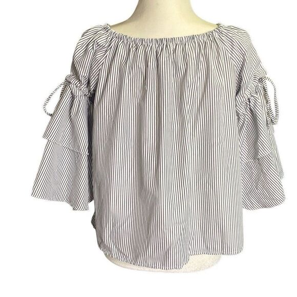 MAIN STRIP Off Shoulder Ruffle Sleeve Dark Gray White Stripe Top Size Large - Picture 3 of 5